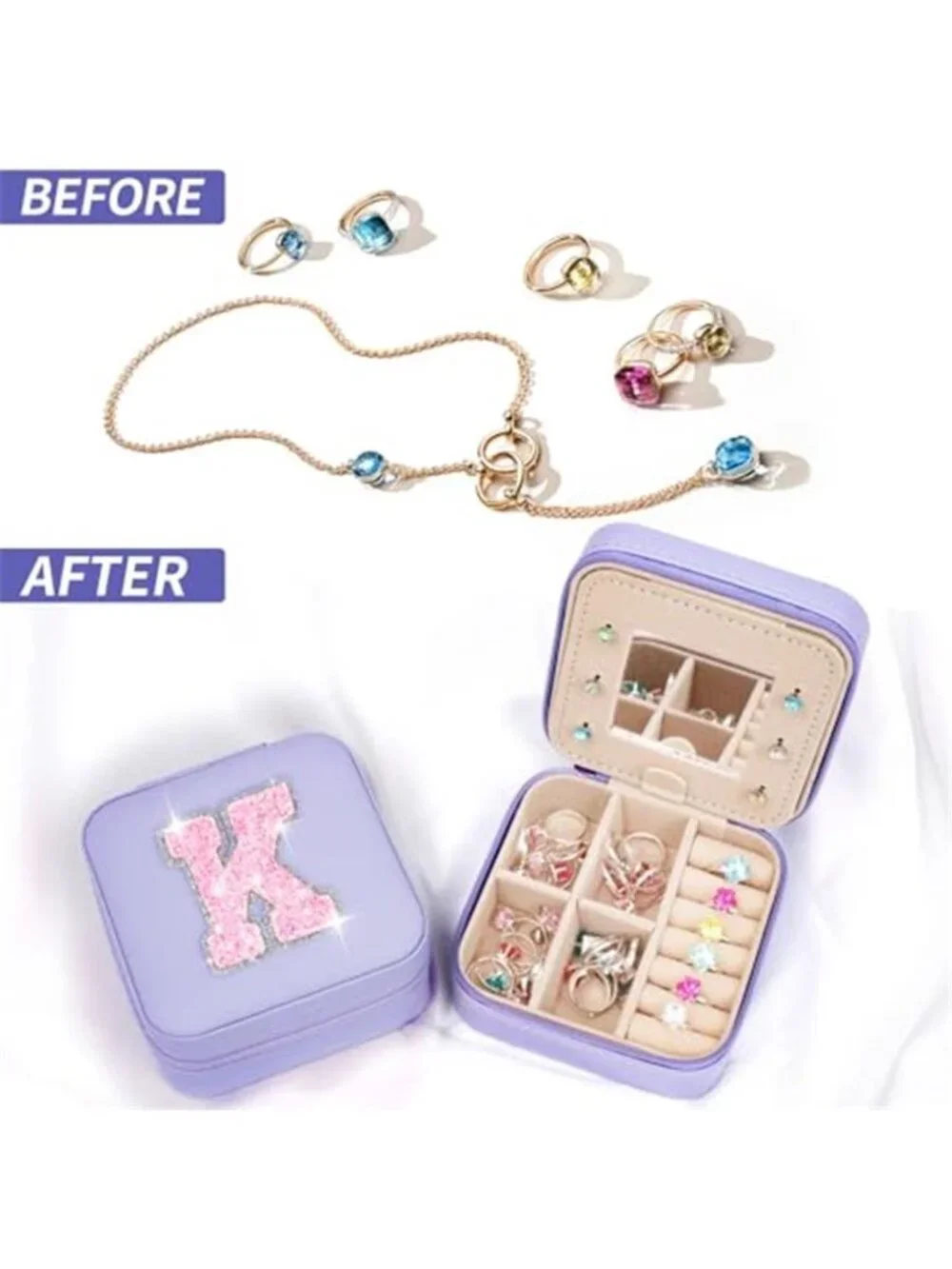 Lavender Travel Jewelry Box Initial K Small Organizer Case Mirror Faux Leather
